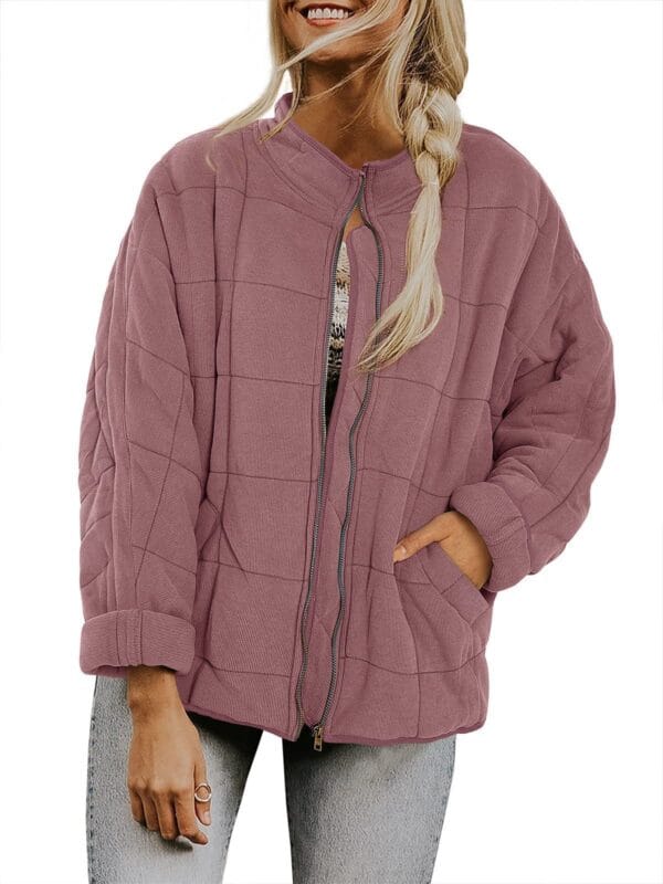 Winter Zip-up Stand Collar Coat With Pockets Fashion Solid Color